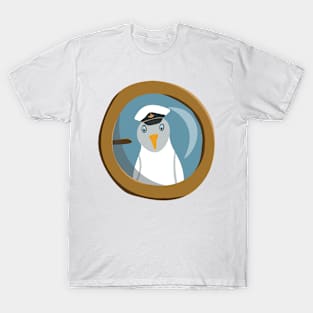 Funny seagull captain behind bull's eye on ship T-Shirt